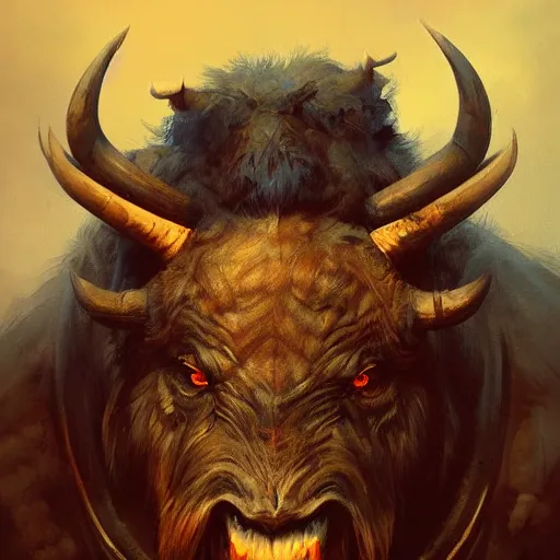 Image similar to angry blue bison portrait by greg rutkowski and frank frazetta, dark fantasy, blue, artstation