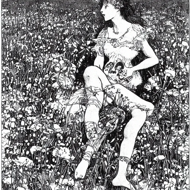 Image similar to a walther caspari illustration in lustige blatter in 1 8 9 9 of a young goddess, sitting on a conical!!!! pile! of small skulls with huge flowers on tall stalks behind her, manga style of kentaro miura