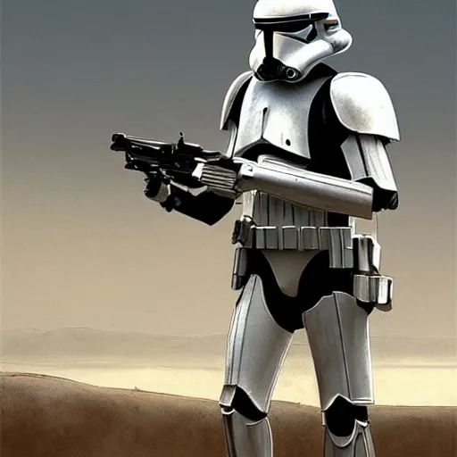 Image similar to an extremely long shot of an imperial stormtrooper in battle position ready to shoot his blaster concept art by Doug Chiang cinematic, realistic painting, high definition, very detailed, extremely high detail, photo realistic, concept art, the Mandalorian concept art style