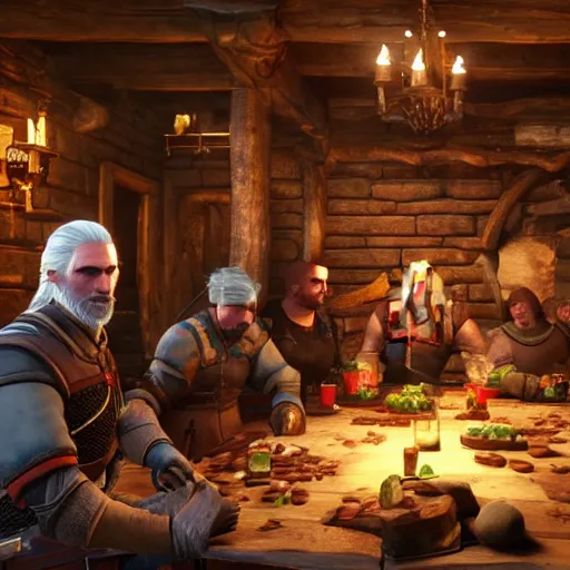 Image similar to geralt eating beans in a tavern, witcher 3 in game screenshot, epic composition