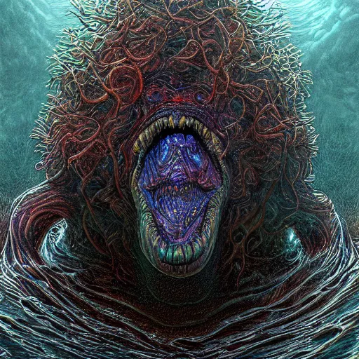 Image similar to photorealistic cryptid aquatic beast in the style of michael whelan and gustave dore. hyperdetailed photorealism, 1 0 8 megapixels, amazing depth, glowing rich colors, powerful imagery, psychedelic overtones, 3 d finalrender, 3 d shading, cinematic lighting, artstation concept art