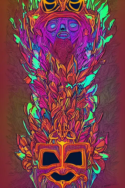 Image similar to animal mask totem roots flower tribal feather gemstone plant wood rock shaman vodoo video game vector cutout illustration vivid multicolor borderlands comics by josan gonzales and dan mumford radiating a glowing aura