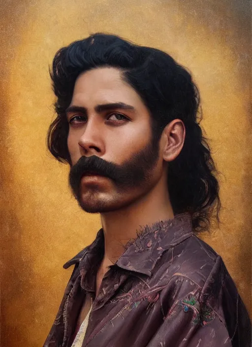 Image similar to portrait of a handsome mexico in old jalisco, painting by manuel sanjulian and tom bagshaw, oil on canvas, hyperrealism