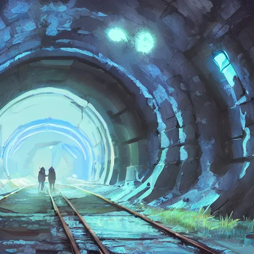 Prompt: concept art painting of a mine tunnel with blue crystals, realistic, detailed, cel shaded, in the style of makoto shinkai and greg rutkowski and james gurney