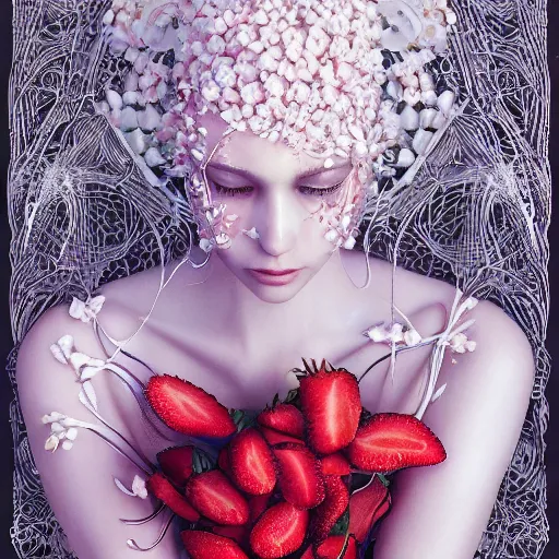 Prompt: the portrait of an absurdly beautiful, graceful, elegant, sophisticated, fashionable young woman made of strawberries and white petals crying, an ultrafine hyperdetailed illustration by kim jung gi, irakli nadar, intricate linework, bright colors, octopath traveler, final fantasy, unreal engine 5 highly rendered, global illumination, radiant light, detailed and intricate environment