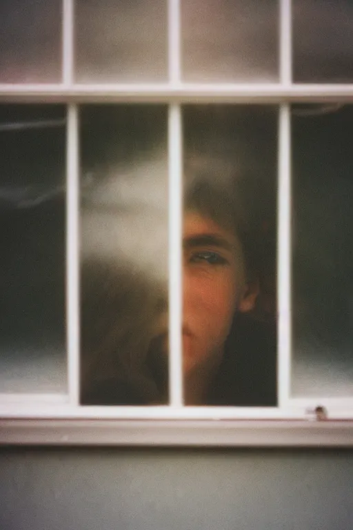 Image similar to kodak portra 4 0 0 photograph of a person looking out through their window, eyes, beautiful eyes, stunning eyes, close up, telephoto, faded effect, grain,