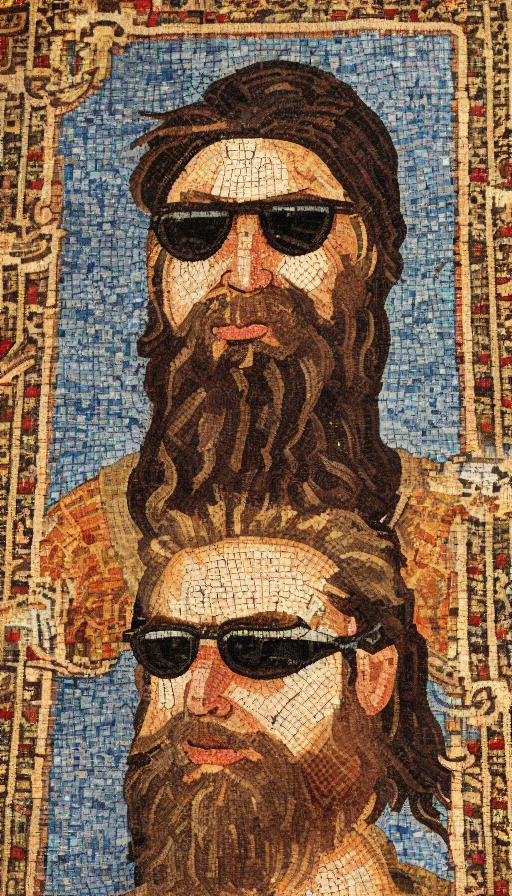 Prompt: roman mosaic portrait of the dude with sunglasses on 8k standing on a Persian carpet