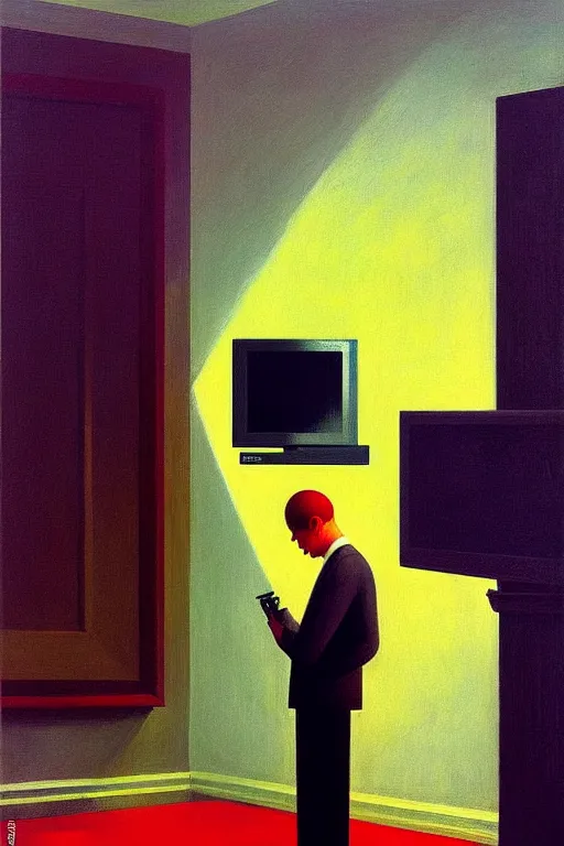 Image similar to a big eye in the television watching a man working, edward hopper and james gilleard zdzislaw beksisnski higly detailed