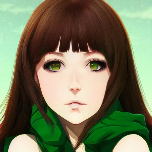 Prompt: a portrait of a pretty anime girl, brown hair, green eyes, by Ilya Kuvshinov