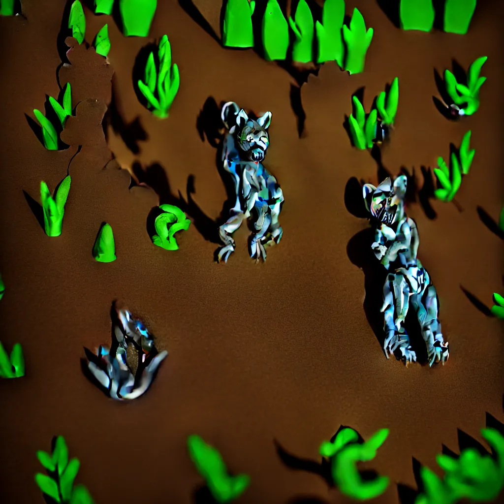 Prompt: plasticine werewolf in the forest backlit