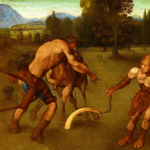 Image similar to dumb country boy playing horseshoes, biopunk, leonardo da vinci painting, high resolution,