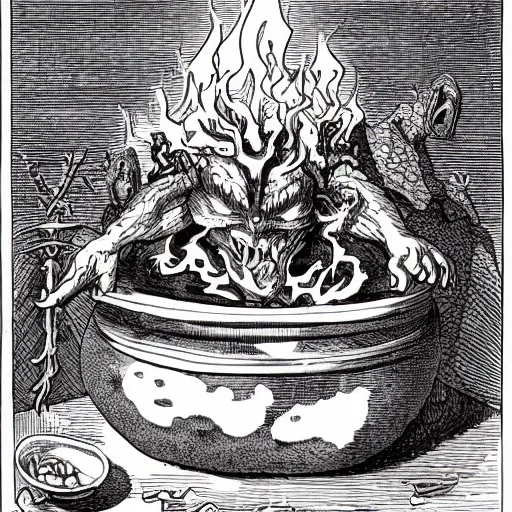 Image similar to monsters consumed transformed transmutation in a fiery alchemical cauldron