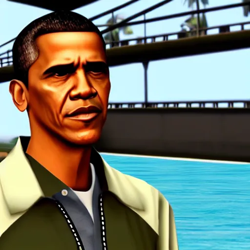 Image similar to screenshot of barack obama in gta vice city, good graphic, highly detailed, rtx engine, nvidia geforce