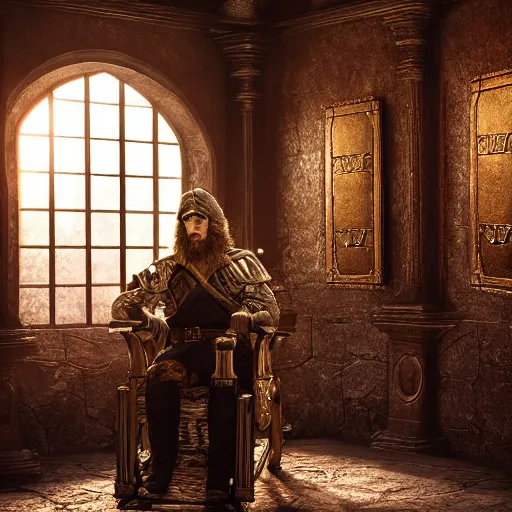 Image similar to the elder scrolls vi majestic gracious jarl portrait, rustic throne room, painted, dark room, one point of light coming through the window, atmospheric lighting, painted, intricate, volumetric lighting, beautiful, golden hour, sharp focus, ultra detailed, by mark kent, jordan lamarre - wan, igor kieryluk, maxim verehin, miranda meeks