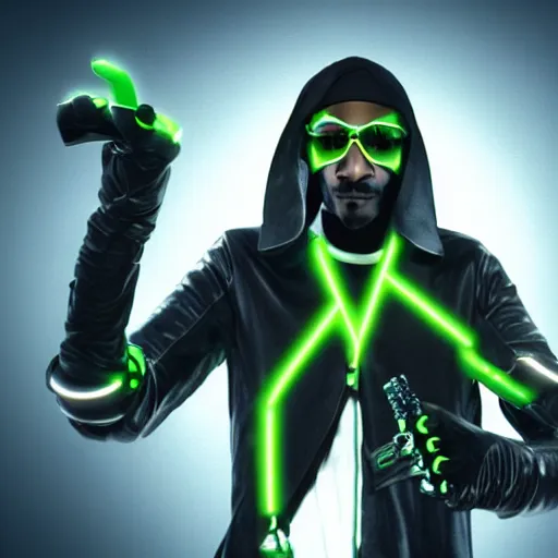 Prompt: Snoop Dogg as a cyborg cyberpunk ninja, skintight black uniform, neon green bulletproof vest, Leather gloves, Robot arm, cigarette in his mouth. and wielding a giant, smoking, blunt, as a weapon, emerging from a cloud of smoke. high quality, unreal engine 5 render, high quality render, octane render, photo realistic, ultra detail, cinematic lighting, realistic, cyberpunk, Snoop Dogg, Snoop Dogg rapper