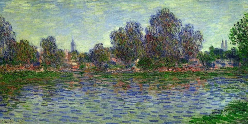 Prompt: A beautiful city next to a small river painted by Monet, amazing landscape