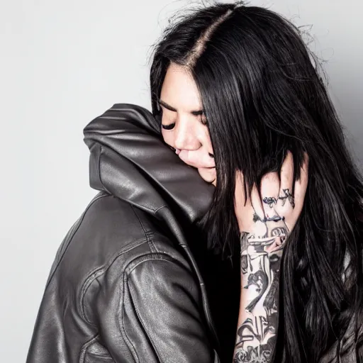 Image similar to Hot young woman, grey skin, void eyeballs, tattoos, wearing a leather jacket, hugging a shrouded person as they cry on her chest