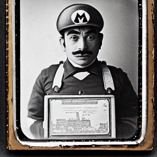 Prompt: Nintendo's Mario dressed as a plumber at the Ellis Island immigration office happily acquiring his citizenship, daguerreotype portrait