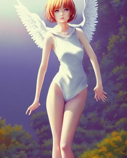 Image similar to infinitely detailed full - body portrait pale female peaceful dream angel wearing elegant clothes. beautiful! scenery art! by wlop & murata range, by ilya kuvshinov. artstation!! / pixiv!!