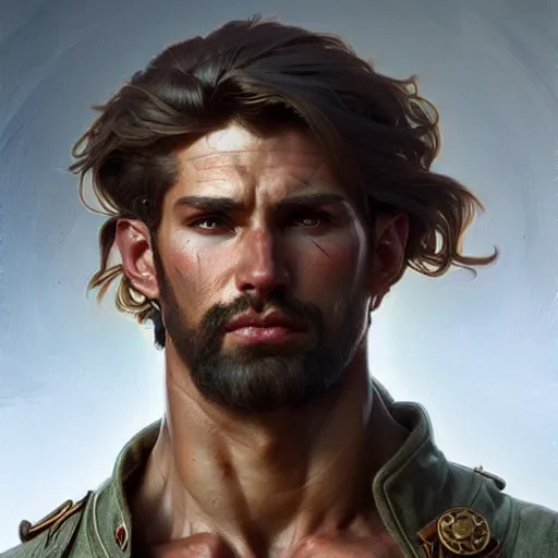 Image similar to portrait of rugged male ranger d & d muscular fantasy intricate elegant highly detailed digital painting artstation concept art smooth sharp focus illustration art by artgerm and greg rutkowski and alphonse mucha