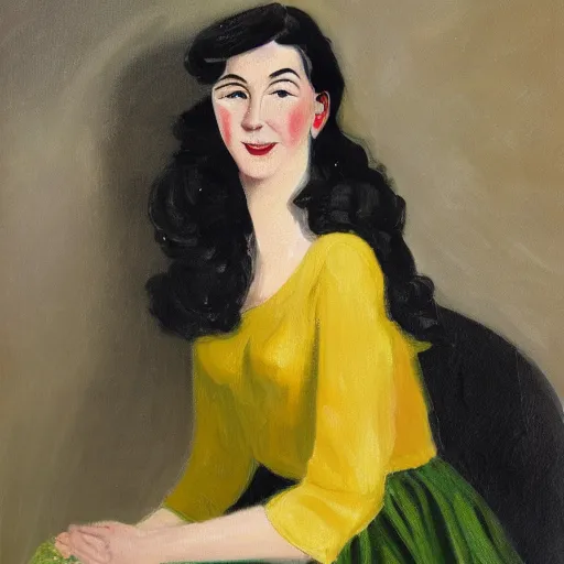 Image similar to a portrait of a young woman from the fifties, seated in front of a landscape background, her black hair is a long curly, she wears a dark green dress, pleated in the front with yellow sleeves, puts her right hand on her left hand, and smiles slightly, oil painting