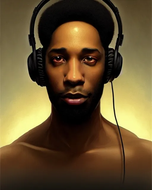 Image similar to light skin black man with headphones at his home studio producing music late at night, very detailed, 4 k, concept art like ernest khalimov, intricate details, highly detailed by greg rutkowski, ilya kuvshinov, gaston bussiere, craig mullins, simon bisley