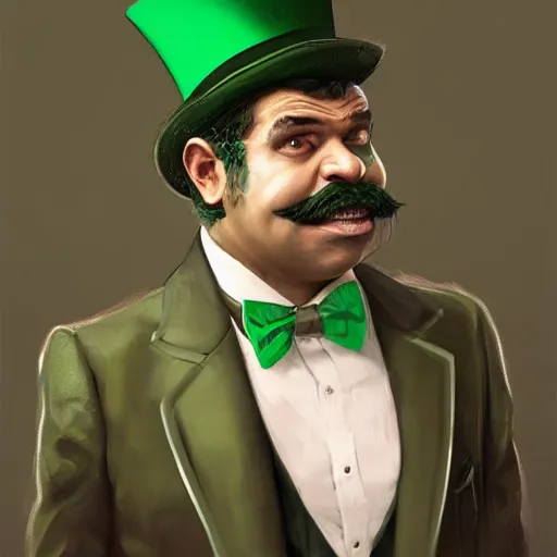 Image similar to hyper realistic portrait, beautifully rendered, luis guzman as dapper fancy luigi wearing a green top hat, green suit and bowtie, smirking deviously, painted by greg rutkowski, wlop, artgerm, dishonored 2