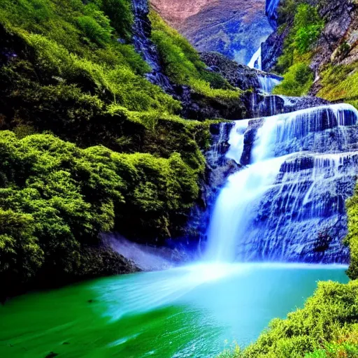 Prompt: beautiful mountain valley, cinegraphic, very very very detailed, waterfall, blue sky