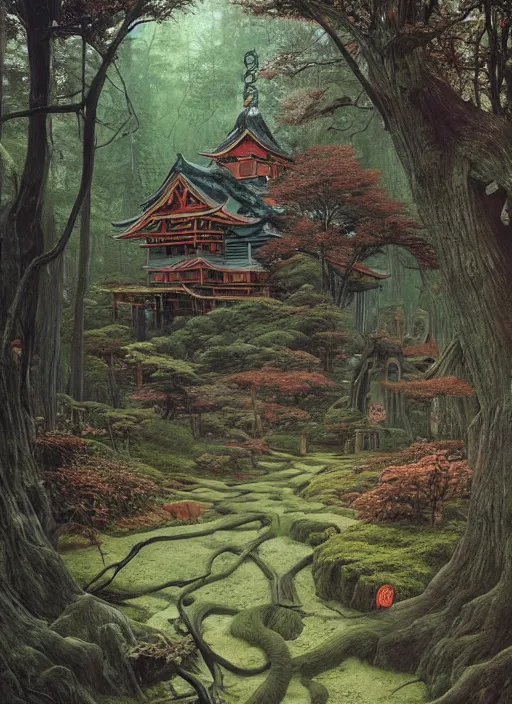Prompt: hyper realistic witch cottage japanese shrine in the woods gorgeous lighting, highly detailed, lush forest painting by zdzisław beksinski and norman rockwell and greg rutkowskiweta studio, and lucasfilm