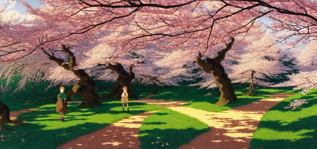 Image similar to ghibli illustrated background of a trail leading through a strikingly beautiful sulfur field, and cherry blossoms by vasily polenov, eugene von guerard, ivan shishkin, albert edelfelt, john singer sargent, albert bierstadt 4 k