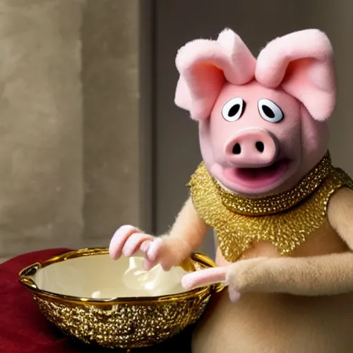 Prompt: pig wearing a gold crown as a Muppet holding a bowl 8k