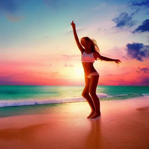 Image similar to young womens in paradise at the sea, golden hour ,joyfulness ,peaceful, holy spirit, joy, guardian angel, space as wall paper, dramatic,,,8k, ultrarealistic , highst resolution