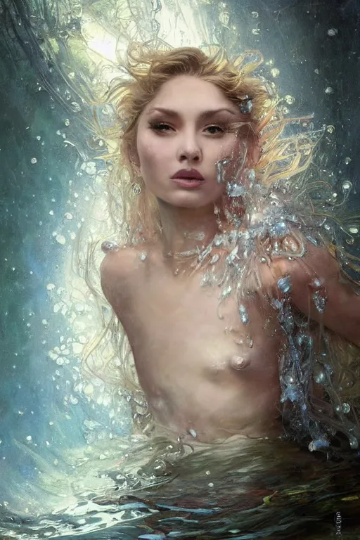 Prompt: portrait of a beautiful woman wearing a royal victorial dress, silver hair, drenched body, wet dripping hair, emerging from the water, fantasy, regal, fractal crystal, fractal stone gems, by stanley artgerm lau, ross tran, greg rutkowski, thomas kindkade, alphonse mucha, loish, norman rockwell