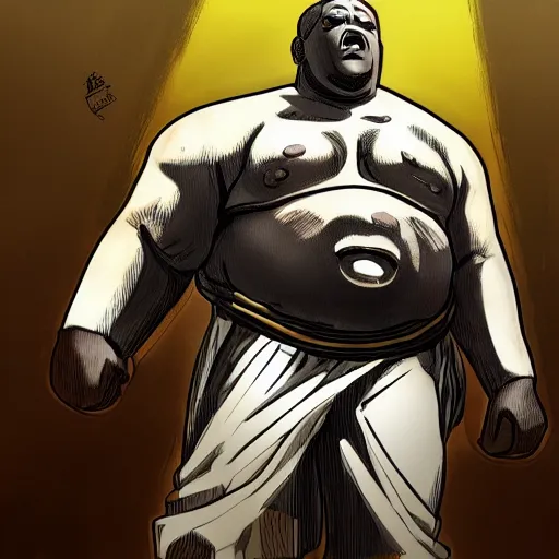 Prompt: Still of the Notorious BIG as a titan from Attack on Titan, trending on ArtStation, concept art