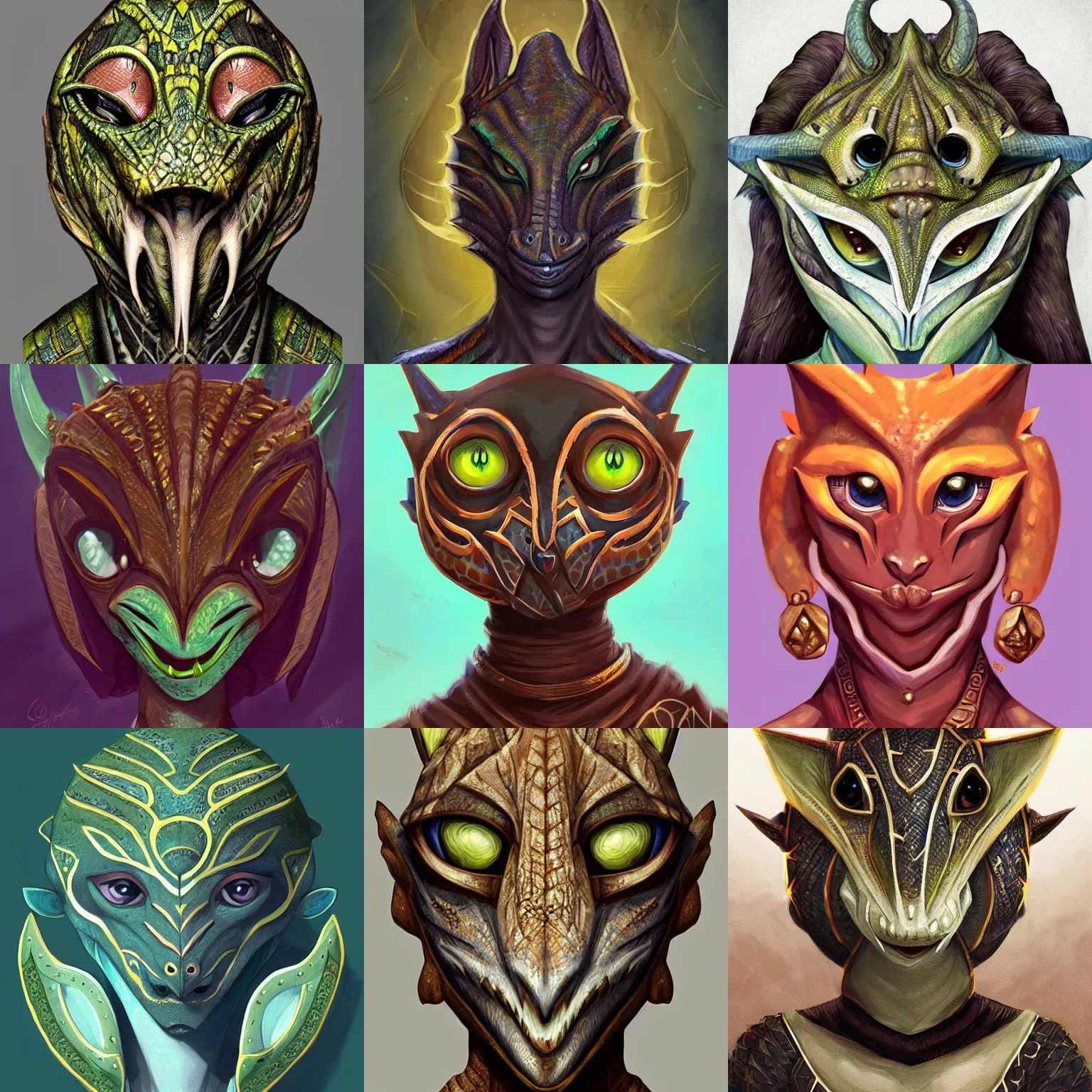 Prompt: african argonian! symmetrical portrait epic fantasy beautiful anthropomorphic sentient creature cute elegant digital painting by loish oriana menendez fiona staples alexandre chaudret west africa mask patterns style artstation