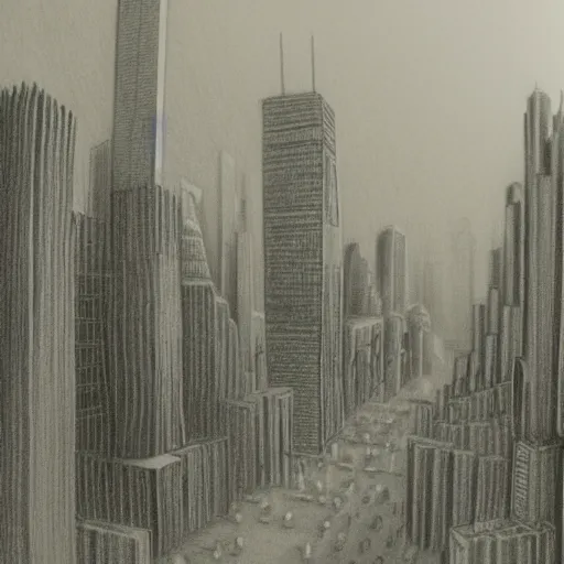 Image similar to a pencil drawing of a futuristic city