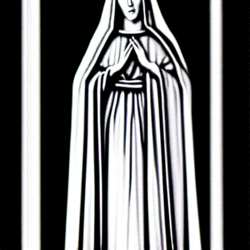 Image similar to marian apparition in forest, high contrast, found footage, vhs, 1 9 9 0, beautiful, highly realistic, highly detailed, vhs noise static, black and white, vhs glitch