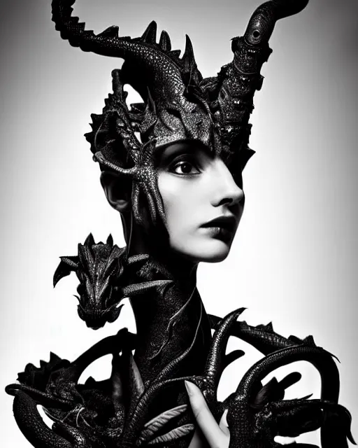 Image similar to dark background, a black and white high quality dreamy photo of a young beautiful female queen-dragon-vegetal-flower-cyborg bust with a very long neck, elegant, highly detailed, poetic, soft, dreamy, mysterious, high fashion, rim light, in the style of Ellen von Unwerth, Realistic, Refined, Digital Art, Highly Detailed, Cinematic Lighting, rim light, black and white, photo-realistic, 8K