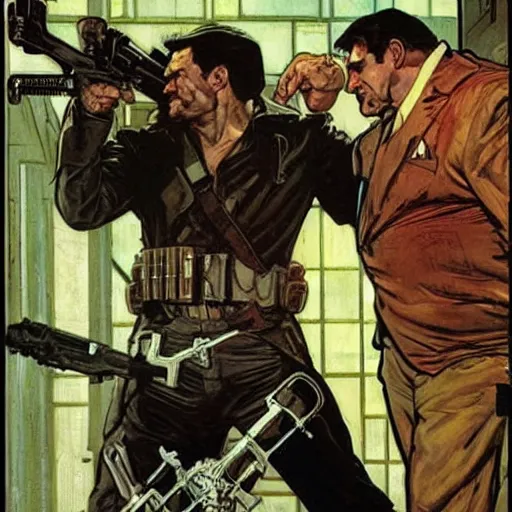 Prompt: the punisher fighting kingpin. Epic painting by James Gurney, Alphonso Mucha.