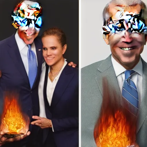 Image similar to UHD candid photo of Joe Biden and Hunter Biden holding up a giant flaming quartz crystal, UHD, photorealistic, correct face, photo by Annie Leibowitz