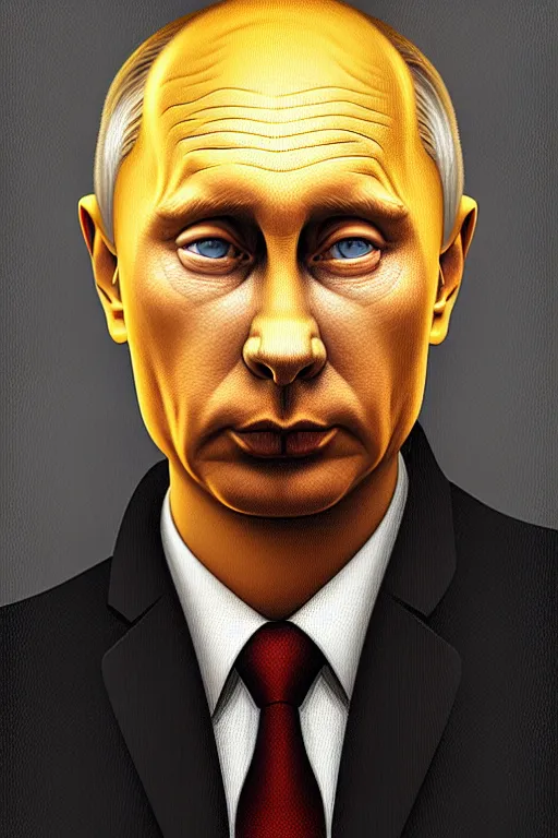 Image similar to vladimir putin as a yellow funny homer simpson, realistic portrait, symmetrical, highly detailed, digital painting, artstation, concept art, smooth, sharp focus, illustration, cinematic lighting, art by artgerm and greg rutkowski and alphonse mucha