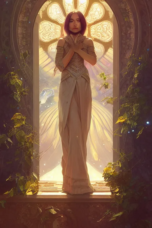 Image similar to painting of a shy noon in front of a dimensional portal, decorated, intricate, elegant, highly detailed, digital painting, artstation, concept art, smooth, sharp focus, illustration, art by artgerm and greg rutkowski and alphonse mucha, 8 k