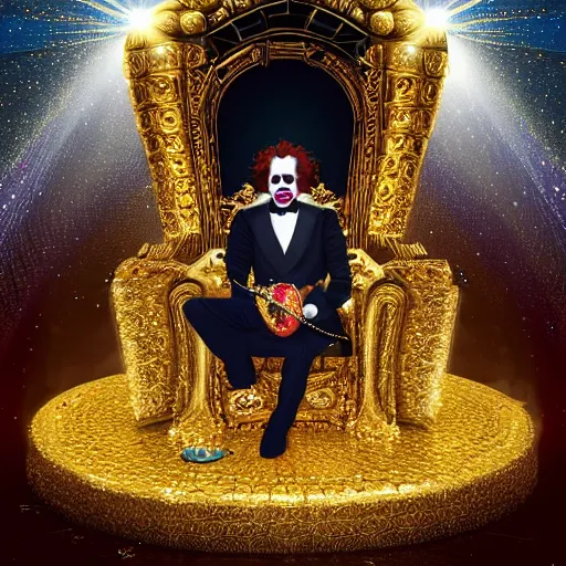 Image similar to shining giant throne made of millions of diamonds, gold and sapphires with thousands of light reflections, and a clown on a tuxedo suit is sitting on the throne while handing a golden balloon, dramatic light, digital painting, ultradetailed, artstation, oil painting