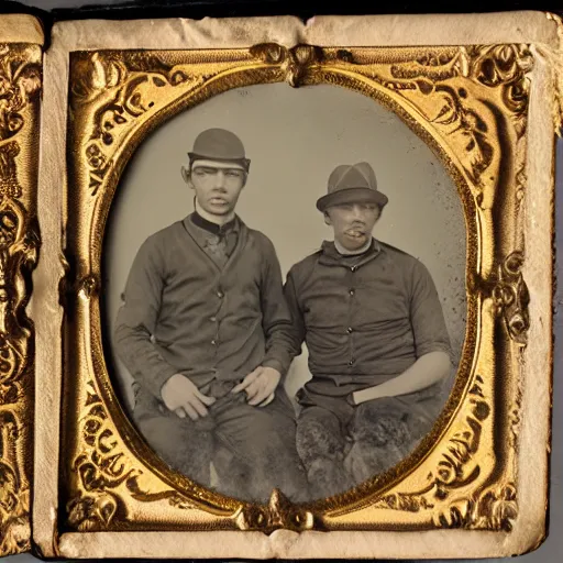 Image similar to tintype photo of hunters with a alien