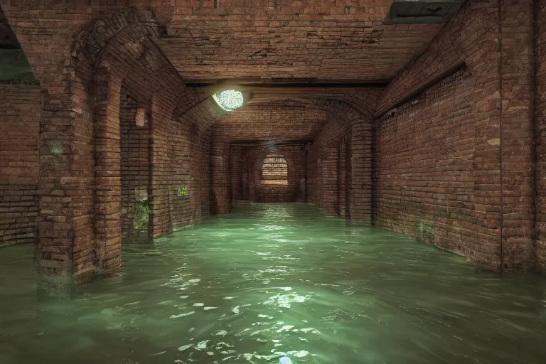 Prompt: stylized sewers canal, underground, concave brick walls run along the center, pipes on the walls, a slight green glow emanates from the water, lively, Unreal Engine render, Artstation 4K