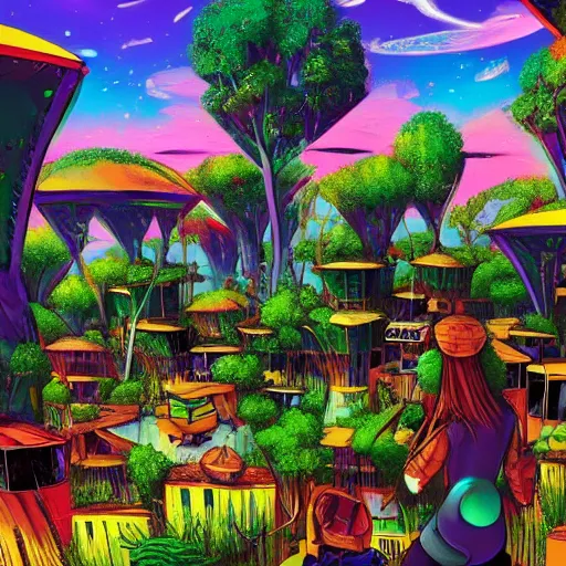 Prompt: sci fi solarpunk anarchist small town in a bright lush landscape::3 with a distant view::1 hopeful::2 colorful::0.5 vibrant::0.