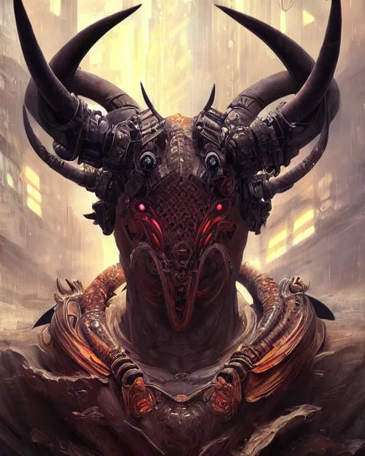 Image similar to a painting of a demon with large horns, cyberpunk art by Android Jones, zbrush central contest winner, fantasy art, apocalypse art, detailed painting, intricate