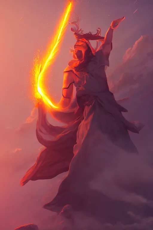Image similar to levitating mage wielding a spear opening a shining portal pulsating in the night sky, horizon of an erupting volcano, trending on artstation, cgsociety, behance hd
