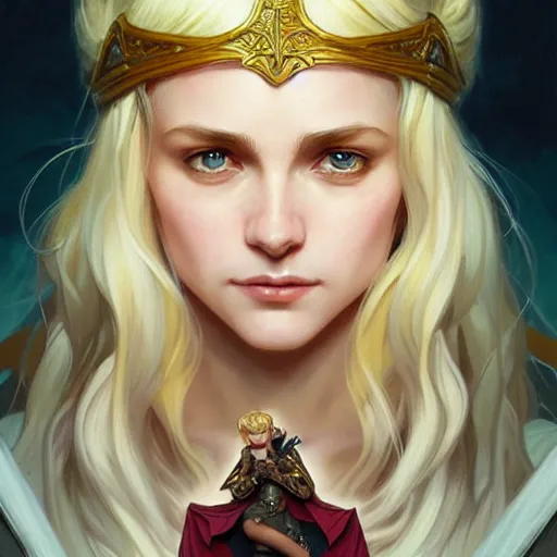 Image similar to an epic fantasy comic book style portrait painting of a young blonde girl thief, d & d, fantasy, joyful smirk, intricate, elegant, highly detailed, digital painting, artstation, concept art, matte, sharp focus, illustration, art by artgerm and greg rutkowski and alphonse mucha