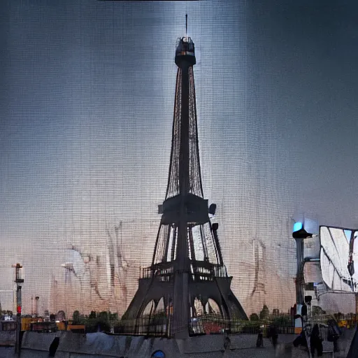 Image similar to A beautiful intricate 8K award-winning cinematic movie photograph of the future Eiffel Tower completely covered in billboards in the year 2043, by Bruno Delbonnel